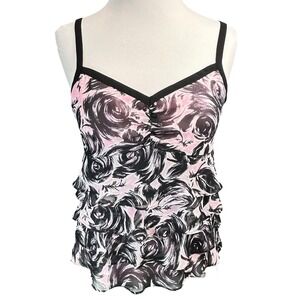 Loft Women's Y2K Pink Black Floral Ruffle Sleeveless Romantic Tank Blouse Size 2